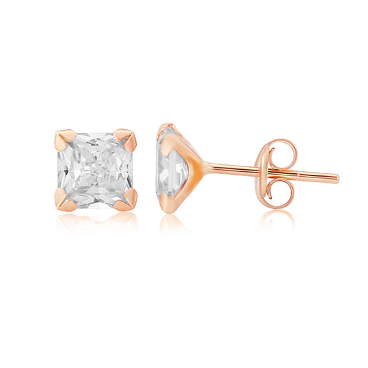 9ct Rose Gold Cubic Zirconia Square Stud Earrings