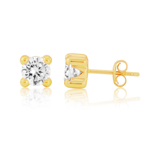 9ct Yellow Gold Cubic Zirconia 4 Claw Stud Earrings