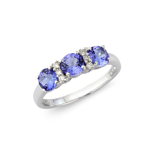 9ct White Gold Tanzanite & Diamond 3 stone Ring