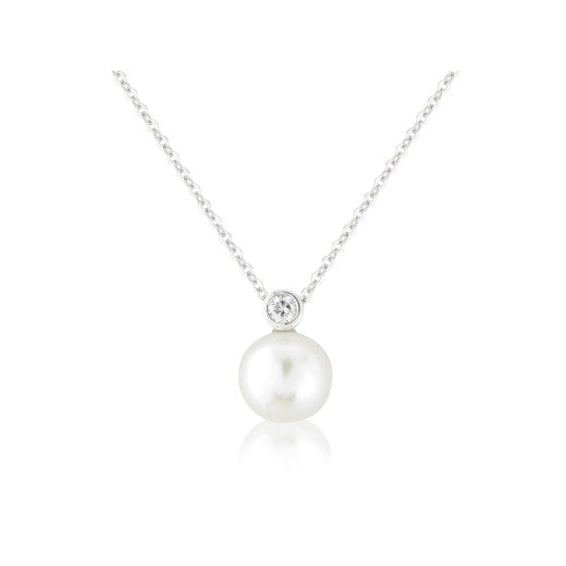 9ct White Gold Round Pearl and Diamond Pendant