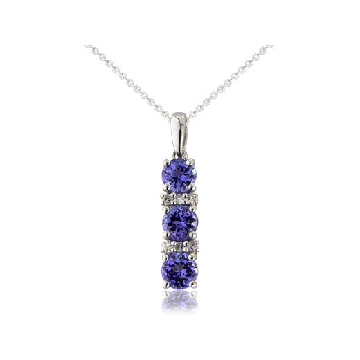 9ct White Gold Tanzanite and Diamond Three Stone Pendant