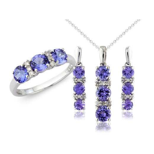 9ct White Gold Tanzanite and Diamond Three Stone Pendant