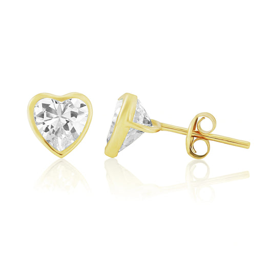 9ct Yellow Gold Cubic Zirconia Heart Stud Earrings