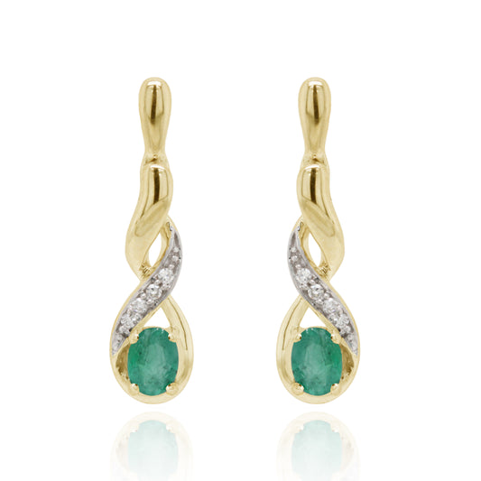 9ct Yellow Gold Emerald and Diamond Drop Earrings