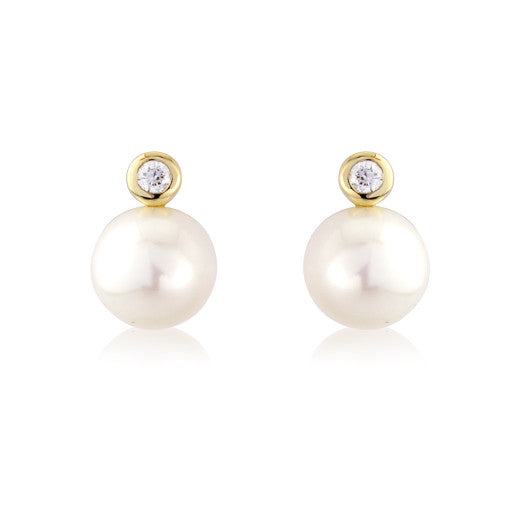 9ct Yellow Gold Pearl and Diamond Stud Earrings