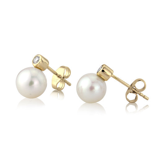 9ct Yellow Gold Pearl and Diamond Stud Earrings