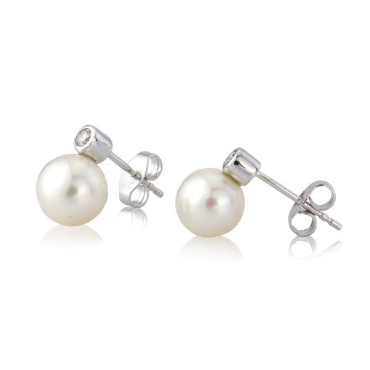 9ct White Gold Pearl and Diamond Stud Earrings