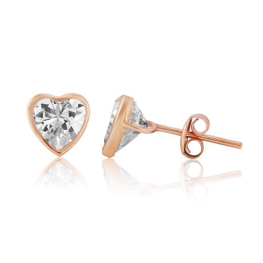 9ct Rose Gold Cubic Zirconia Heart Stud Earring