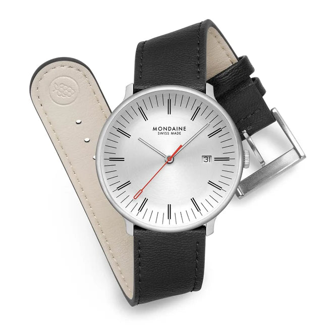 Mondaine Doppio 41mm Black Strap Silver Dial