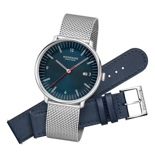 Mondaine Doppio 41mm Blue Dial Set Vegan Leather Strap