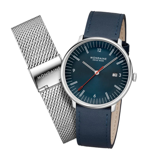 Mondaine Doppio 41mm Blue Dial Set Vegan Leather Strap